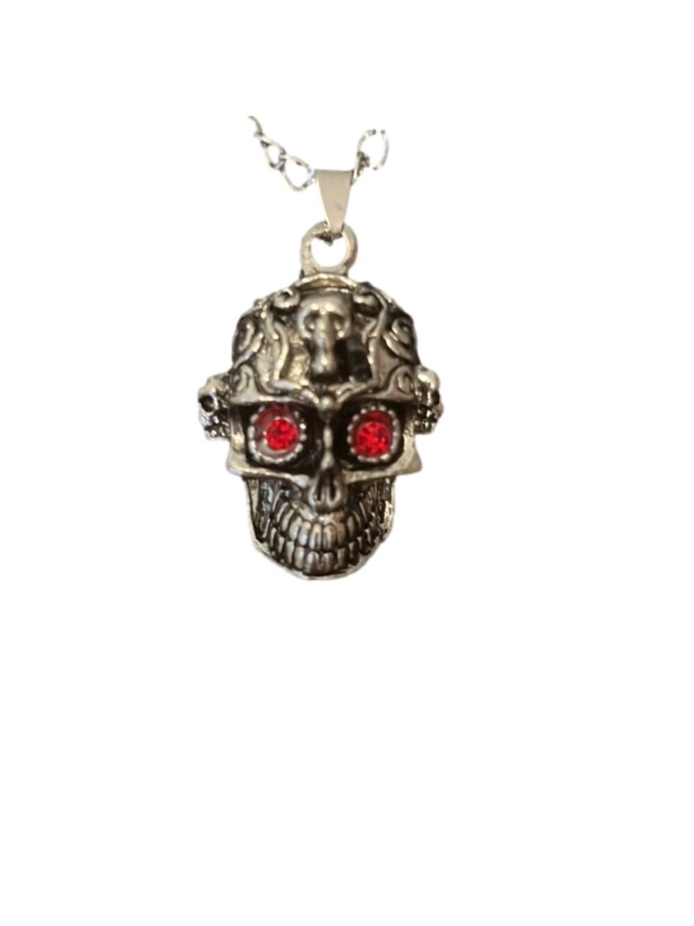 Betsey Johnson Silver Skull Necklace with Ruby Eyes
